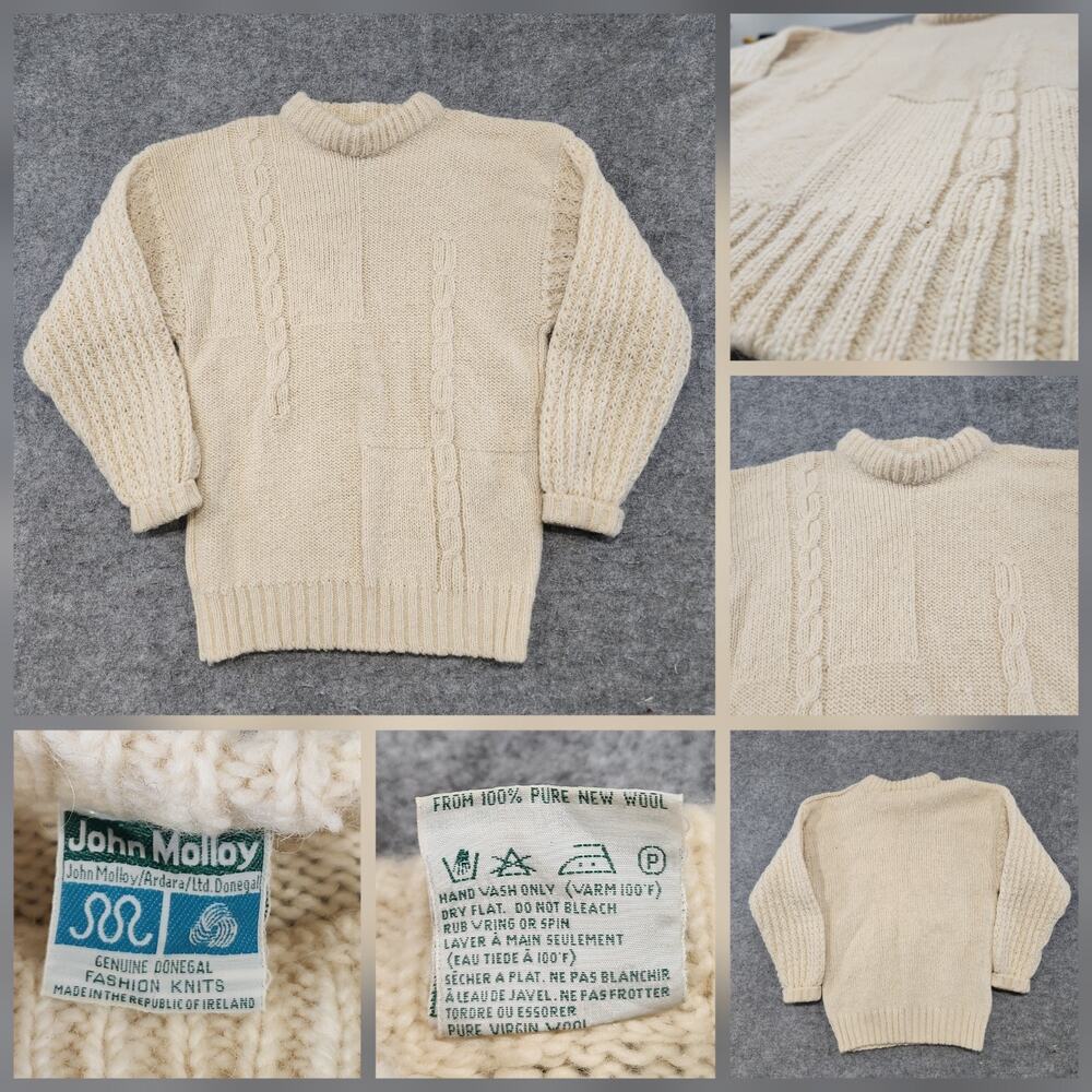 VTG John Molloy‎ 100% Wool Mens XL? Cableknit Ireland Fisherman Crewneck Sweater